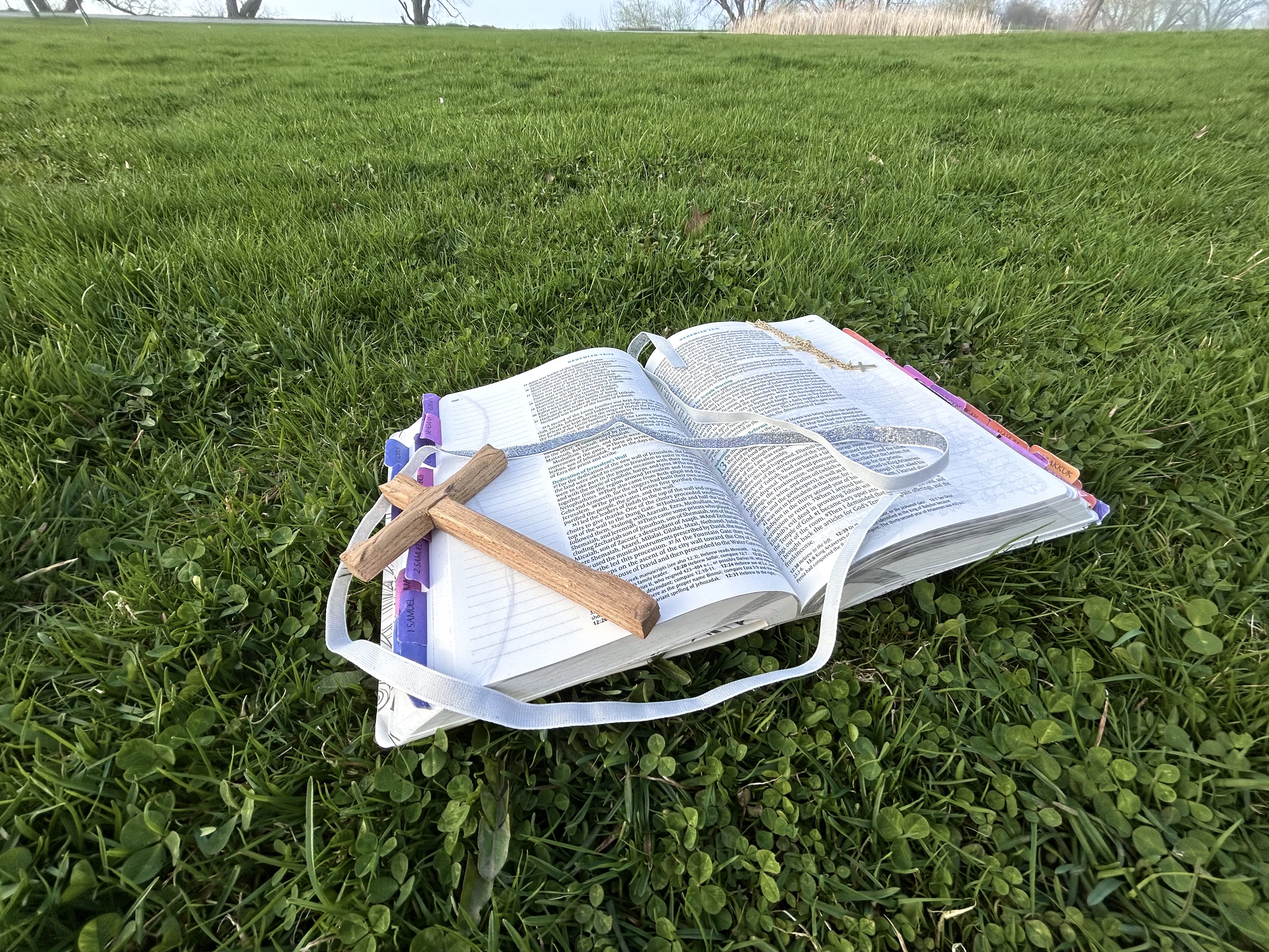A picture of the bible and a cross.